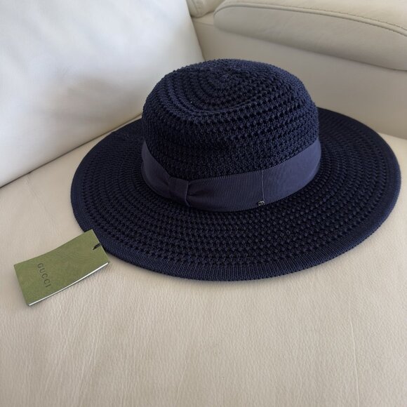 NWT GUCCI  Cotton Crochet Wide Brim Hat M Navy Blue Laerte Sz L - Picture 3 of 8